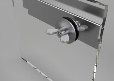 Gerendertes 3D-Modell einer transparenten Platte mit vorgeschlagener Metallbefestigung und Flügelmutter.