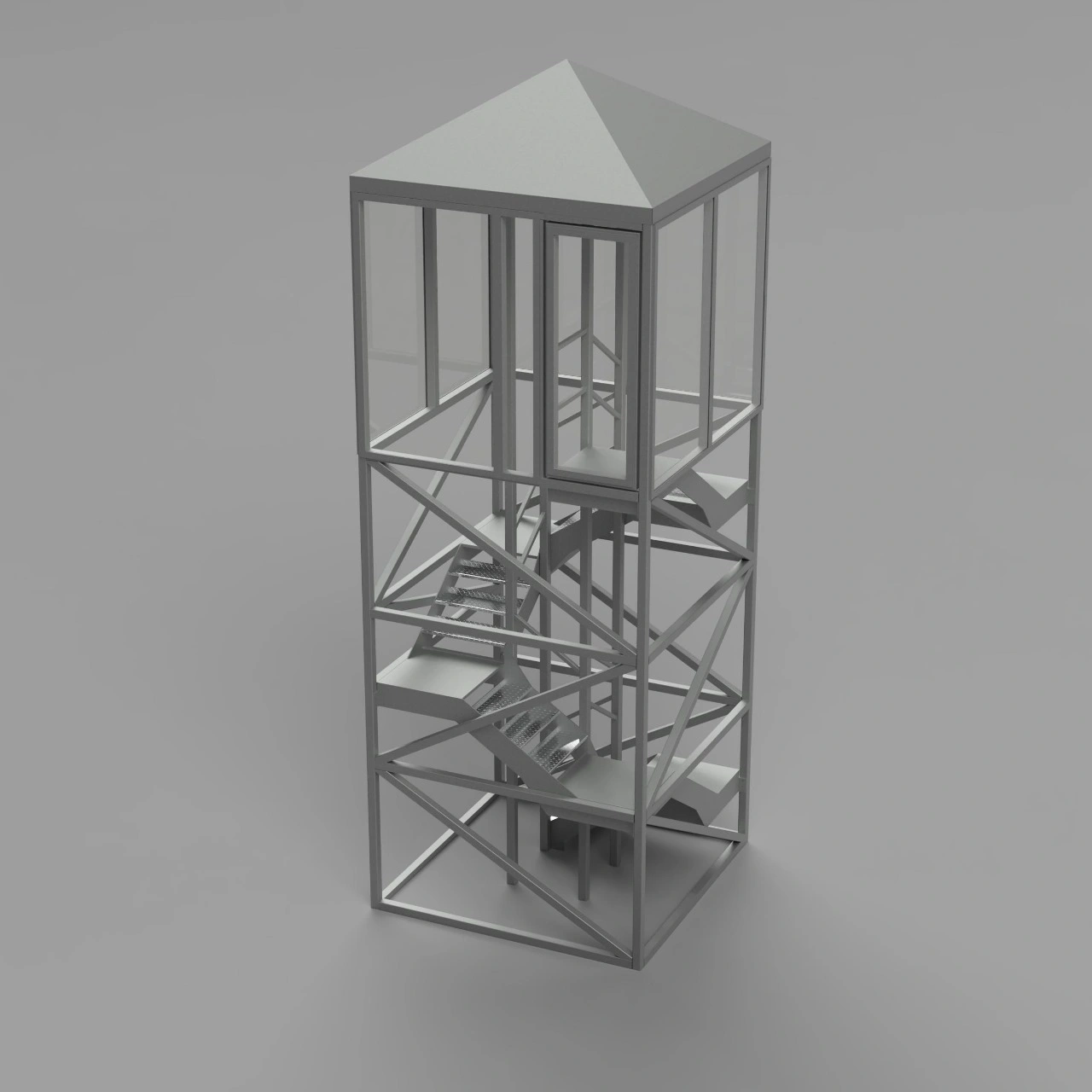 3D-Modell eines Treppenturms mit verglastem Ausgangsturm und feuerverzinktem Stahlrahmen