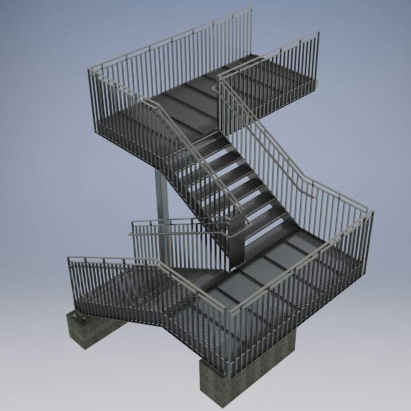 3D-Modell einer feuerverzinkten Stahltreppe mit Zwischenpodest und großem oberen Podest