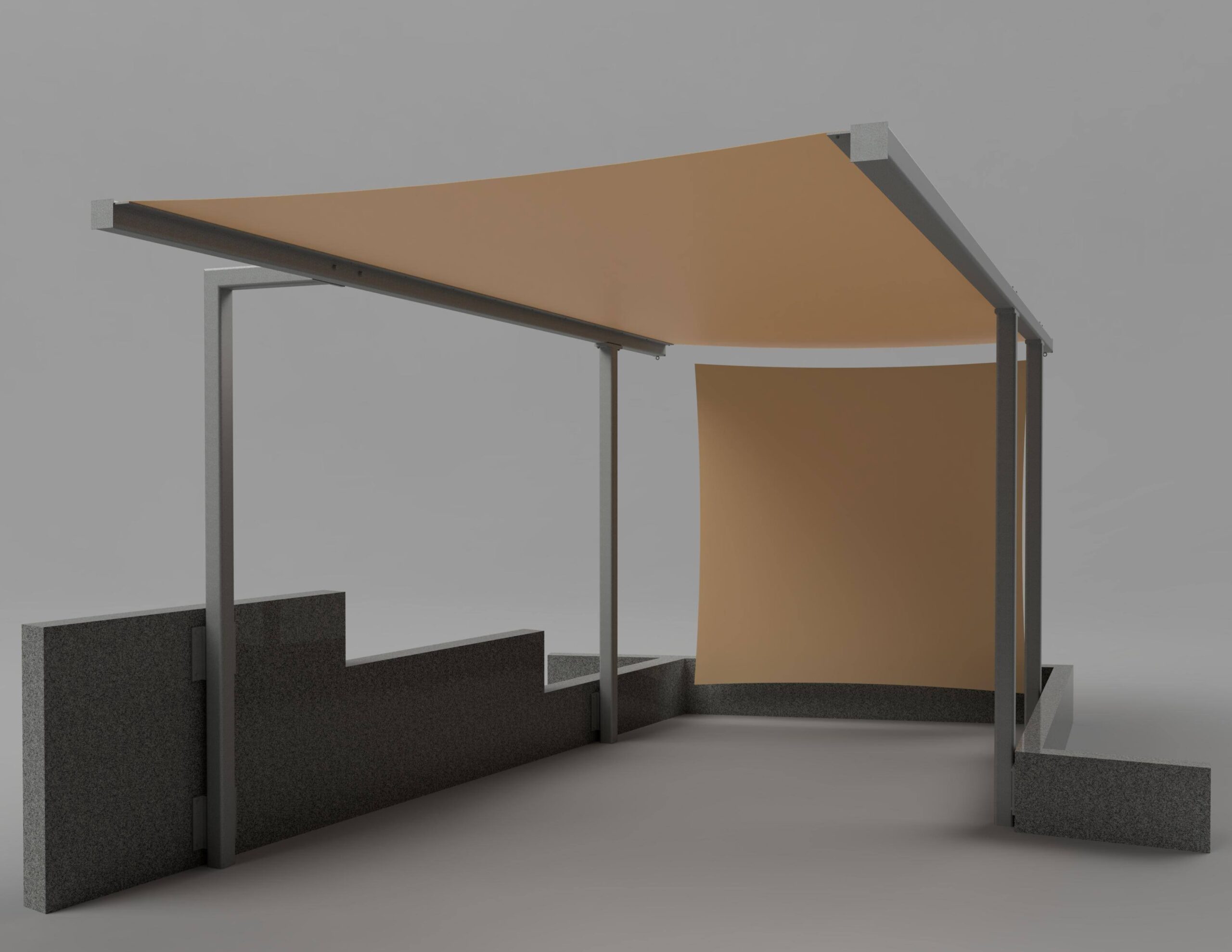 3D-Konzeptzeichnung einer Autoüberdachung mit Stahlrahmen, Stoffdach und rückseitigem Sichtschutz