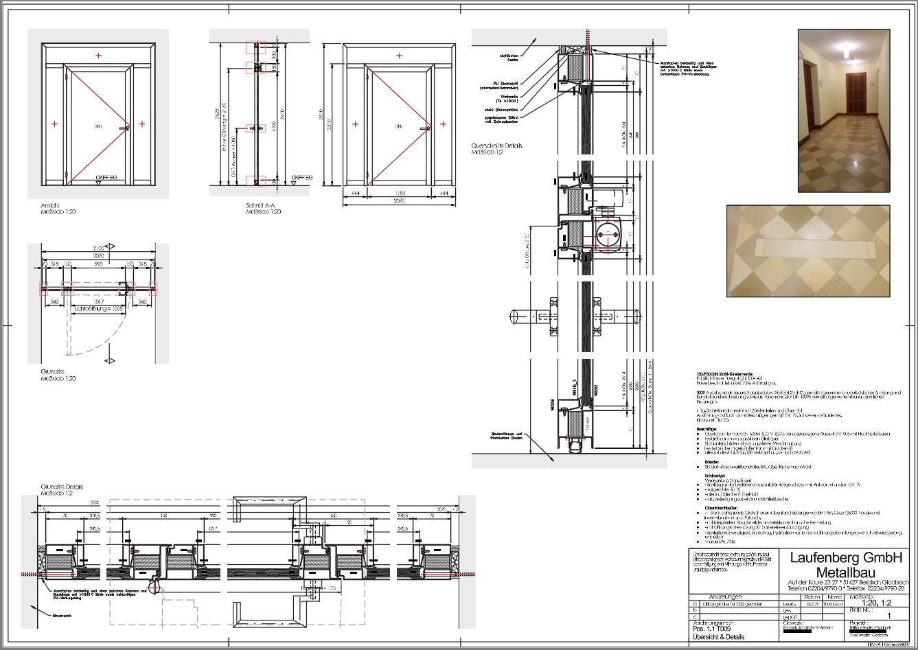 Technische Stahlbauzeichnung einer gebogenen Oberlichtkonstruktion und einer neuen Brandschutztür, mit detaillierten Ansichten, Schnitten und Maßen.